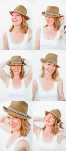A collage of photos of a woman wearing a hat.