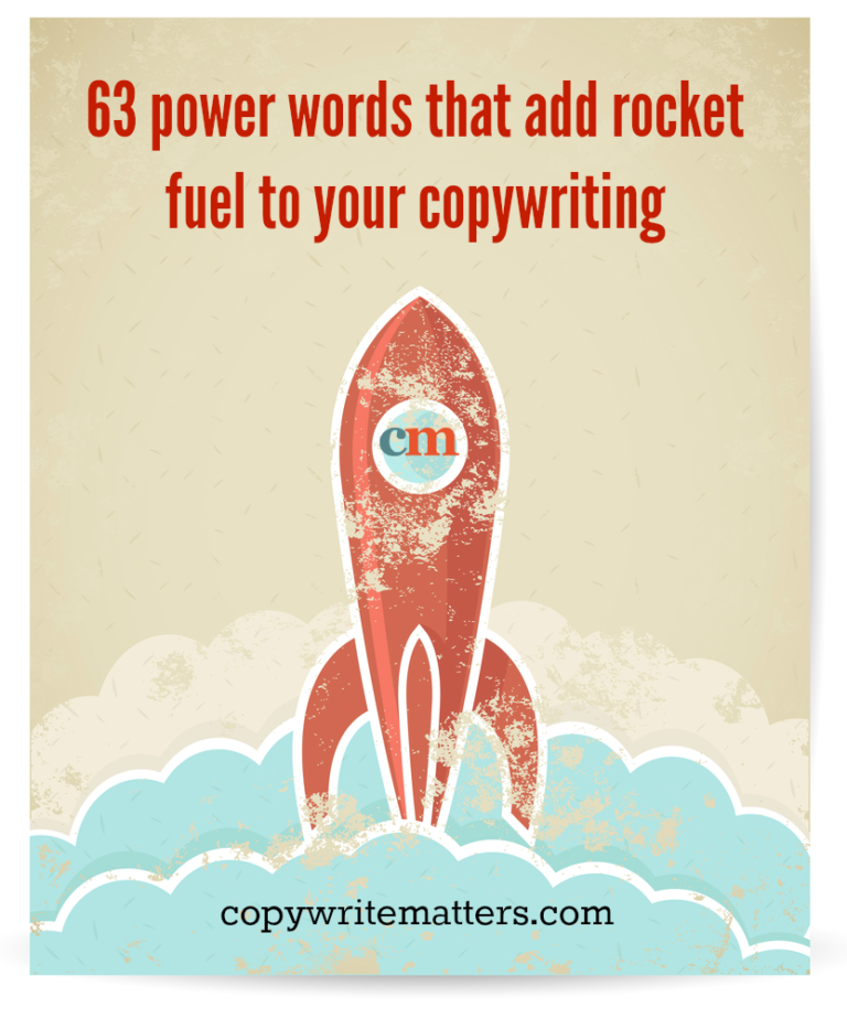 A rocket with the words 63 powers that add pocket fuel to your copywriting.