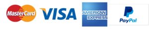 Mastercard, visa and paypal logos.