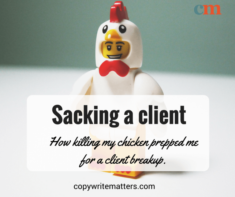 A toy with the words sacking a client how telling my chickens prepared me for a client breakup.