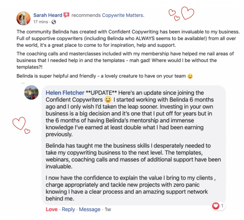 A facebook page showing a message from a customer.