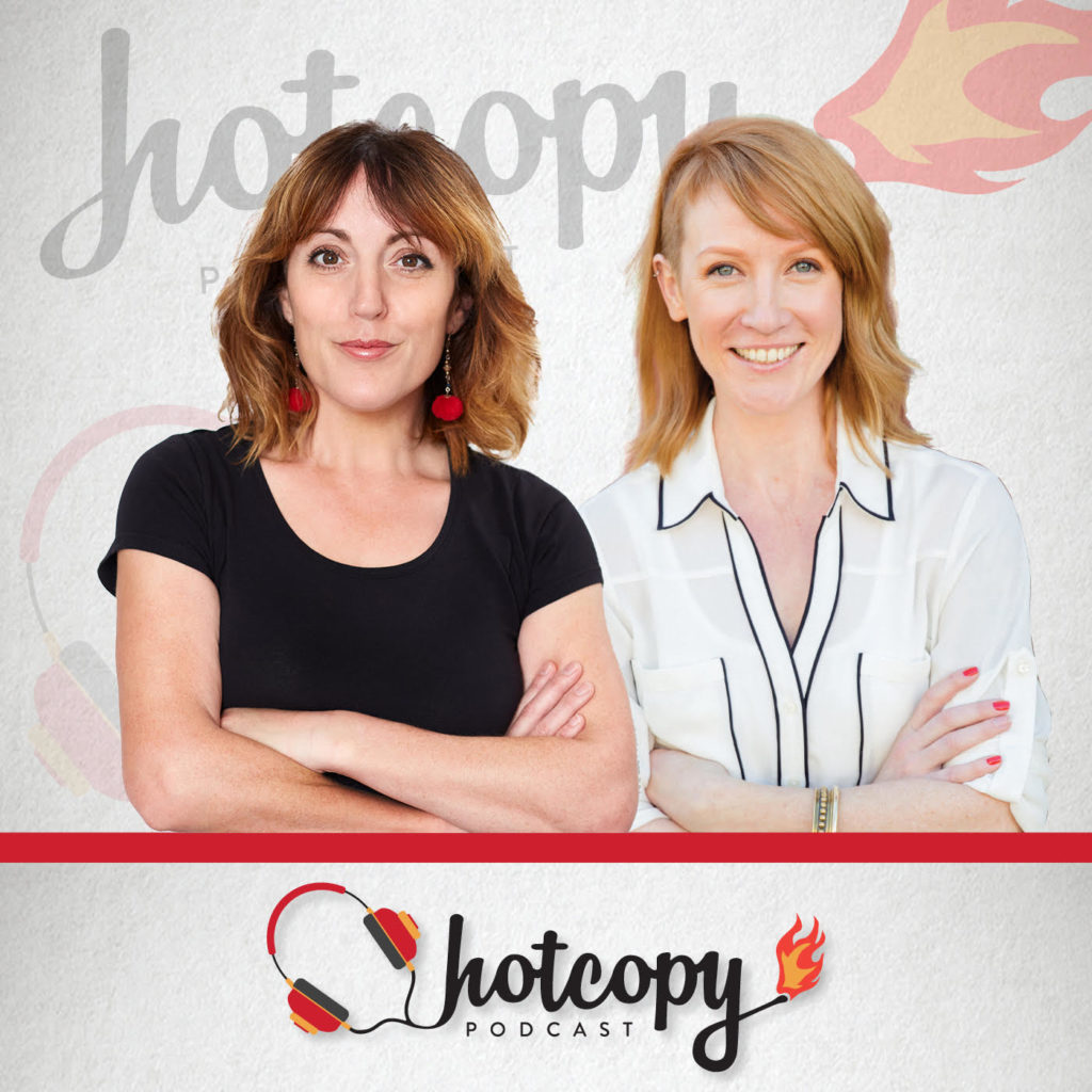 Two women standing in front of a white background with the words hotopy.