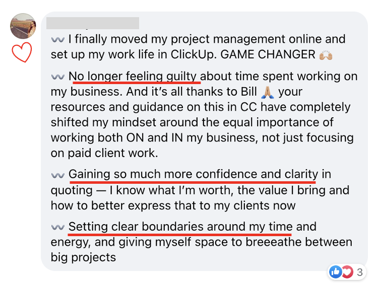 A screenshot of a facebook message about project management.