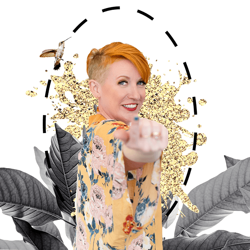 A woman in a floral shirt with a hummingbird in the background.