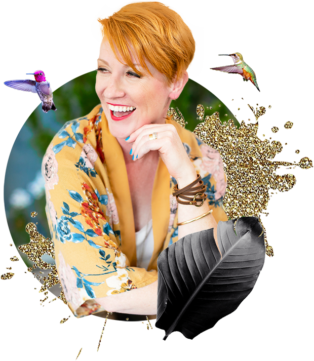 An image of a woman with a hummingbird and hummingbird feathers.