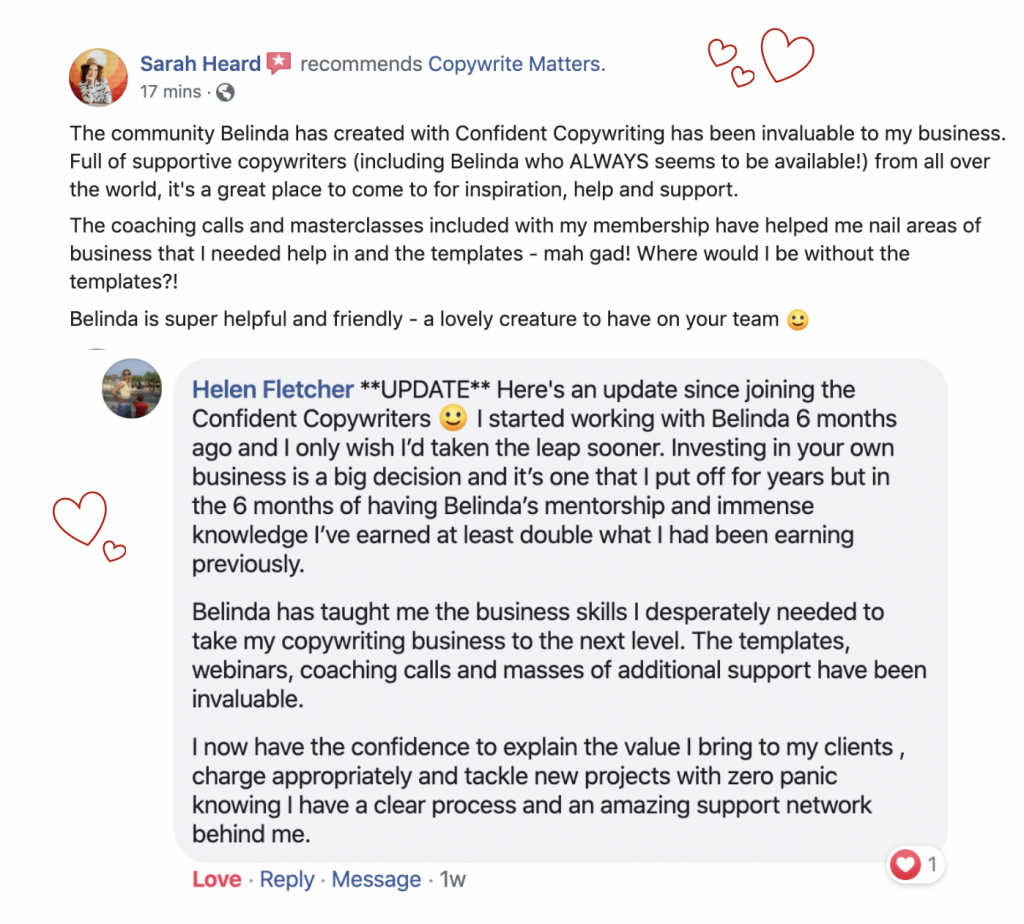 A facebook page showing a message from a customer.