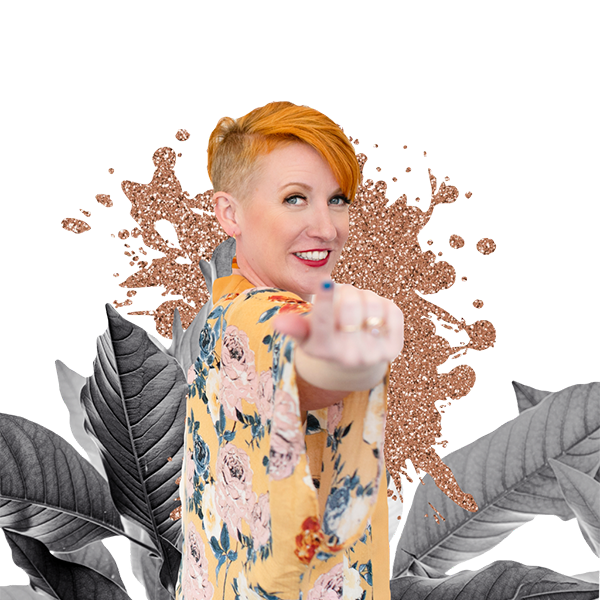 A woman in a floral shirt is pointing to the camera.