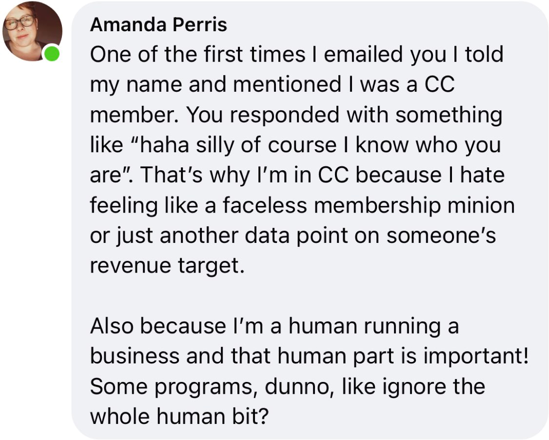 Amanda perris's first email to a cc member.