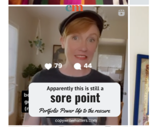Belinda Weaver looks awkward and the blog title reads: Apparently this is still a sore point - Portfolio Power Up to the rescue.