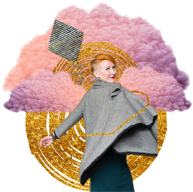 A woman in a grey coat is standing in front of a cloud.
