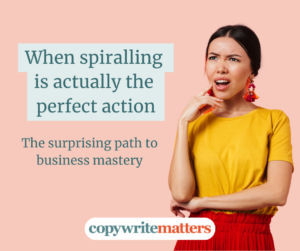 Blog cover image with a woman looking surprised and confused. The blog title says, "when spiralling is actually the perfect action"