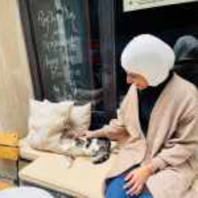 Copywriter, Awaishah Alqahtani, sits on a bench with a cat.