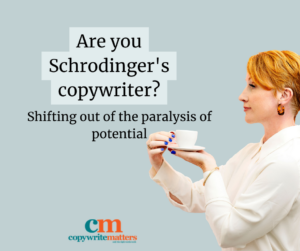 A copywriter with short red hair, wearing a cream blazer, holds a teacup and saucer, looking to the side against a light blue background with text about copywriting.