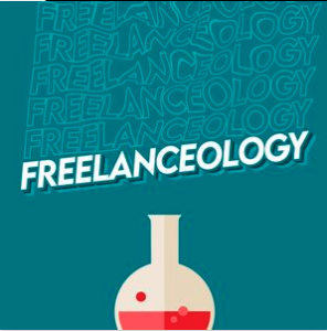 A teal background with the word "Freelanceology" repeated several times, prominently written on top. Below, an illustration of a lab flask with red liquid.