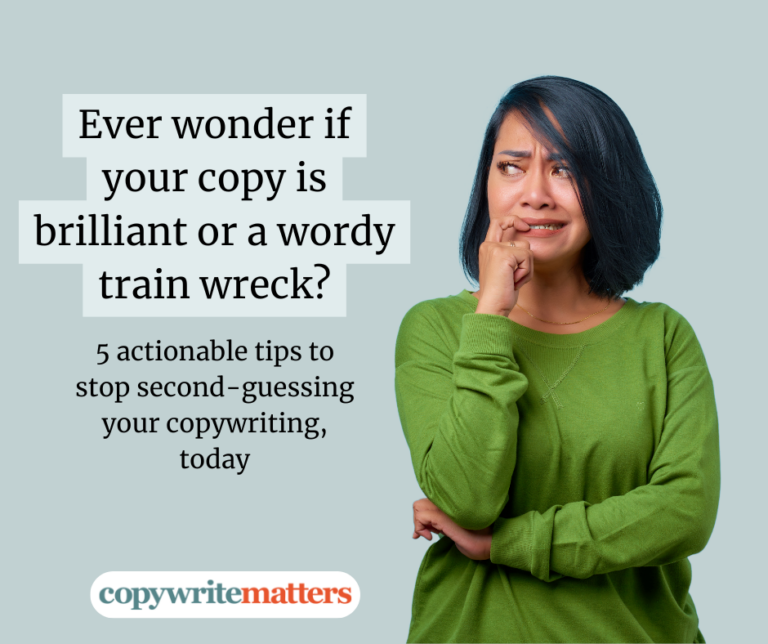 A worried copywriter in a green sweater stands next to text about improving copywriting skills, promoting four tips from Copywrite Matters.