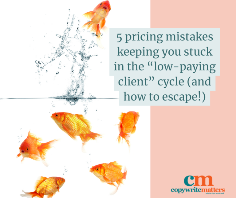 Goldfish jumping from water beside text: "5 pricing mistakes keeping you stuck in the 'low-paying client' cycle (and how to escape!)." Logo at bottom reads "copywrite matters.