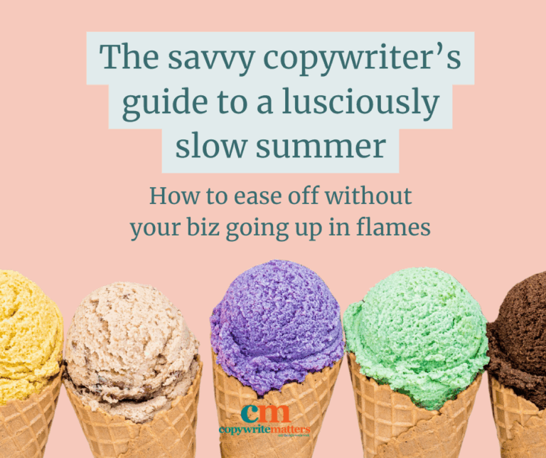 Five colorful scoops of ice cream are lined up below a text about a guide for copywriters on enjoying a slow summer without harming their business.