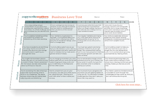 A chart titled "Business Love Test" with a grid of statements and scores for assessing business satisfaction and engagement.