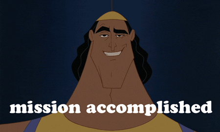 Animated character smiling confidently with text "mission accomplished" overlaid at the bottom.