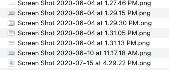 A list of screenshot image files on a computer, with filenames showing dates and times from June and July 2020.
